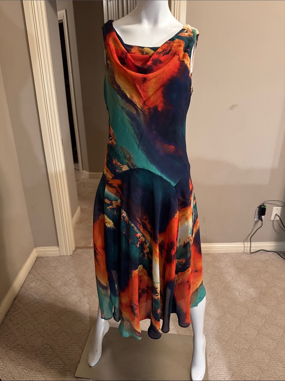 Robbie Bee Abstract Print Sleeveless Midi Dress in Teal & Orange, Sz 6
